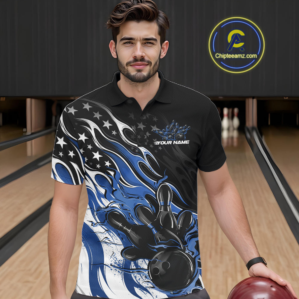Custom Patriotic American Flag Blue Flame Bowling Men Polo Shirt, US Bowling Jersey IPHW12035