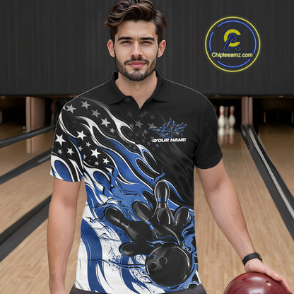 Custom Patriotic American Flag Blue Flame Bowling Men Polo Shirt, US Bowling Jersey IPHW12035
