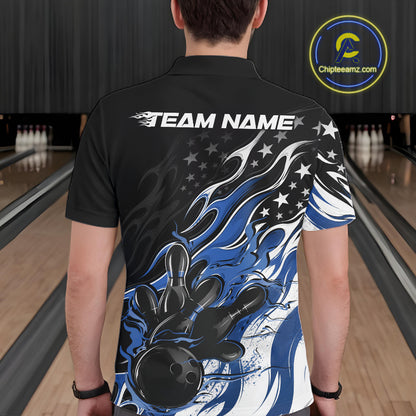 Custom Patriotic American Flag Blue Flame Bowling Men Polo Shirt, US Bowling Jersey IPHW12035