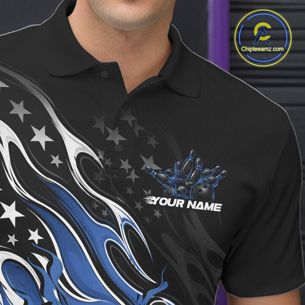 Custom Patriotic American Flag Blue Flame Bowling Men Polo Shirt, US Bowling Jersey IPHW12035