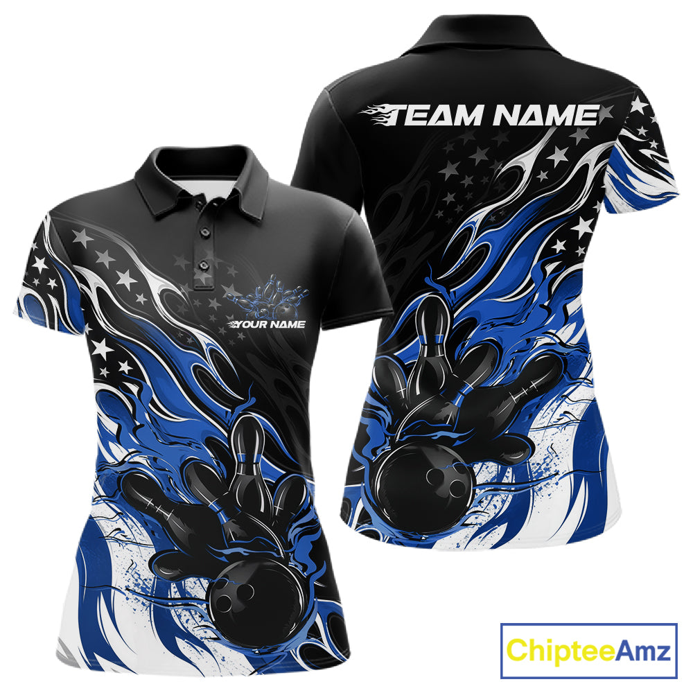 Custom Patriotic American Flag Blue Flame Bowling Women Polo Shirt, US Bowling Jersey IPHW12035