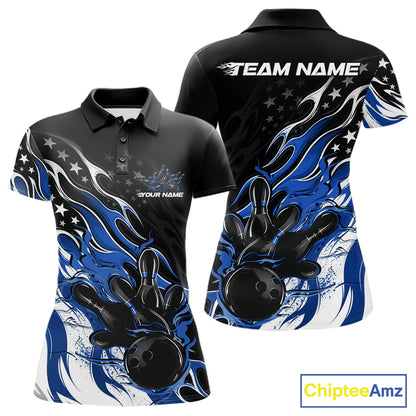 Custom Patriotic American Flag Blue Flame Bowling Women Polo Shirt, US Bowling Jersey IPHW12035