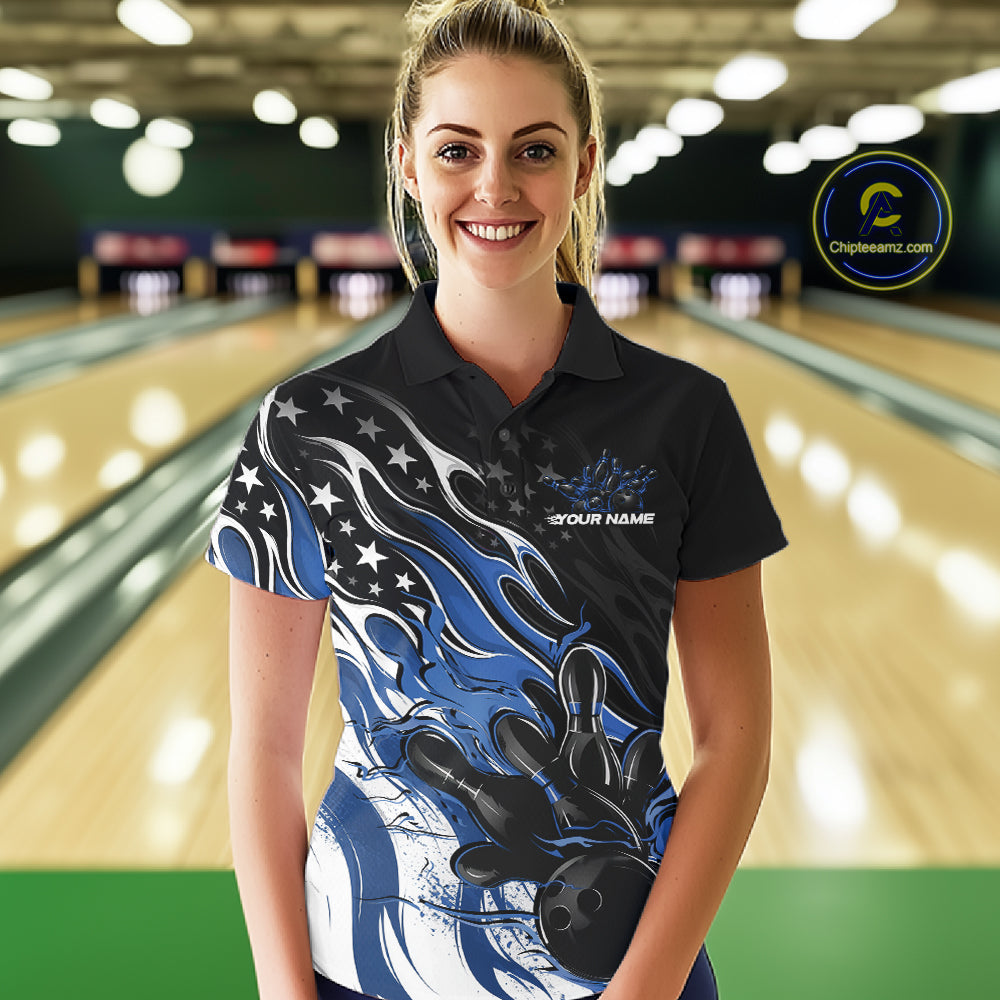 Custom Patriotic American Flag Blue Flame Bowling Women Polo Shirt, US Bowling Jersey IPHW12035