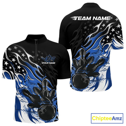 Custom Patriotic American Flag Blue Flame Bowling Men Quarter Zip Shirt, US Bowling Jersey IPHW12035