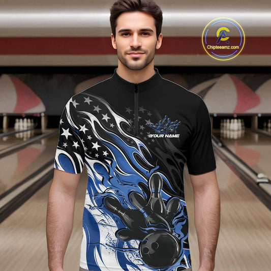 Custom Patriotic American Flag Blue Flame Bowling Men Quarter Zip Shirt, US Bowling Jersey IPHW12035
