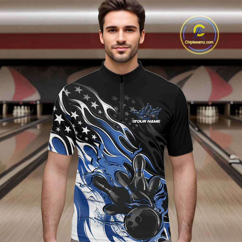 Custom Patriotic American Flag Blue Flame Bowling Men Quarter Zip Shirt, US Bowling Jersey IPHW12035