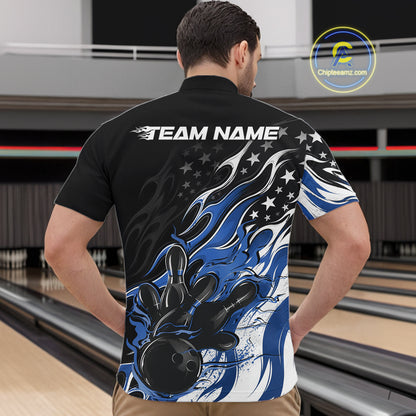 Custom Patriotic American Flag Blue Flame Bowling Men Quarter Zip Shirt, US Bowling Jersey IPHW12035