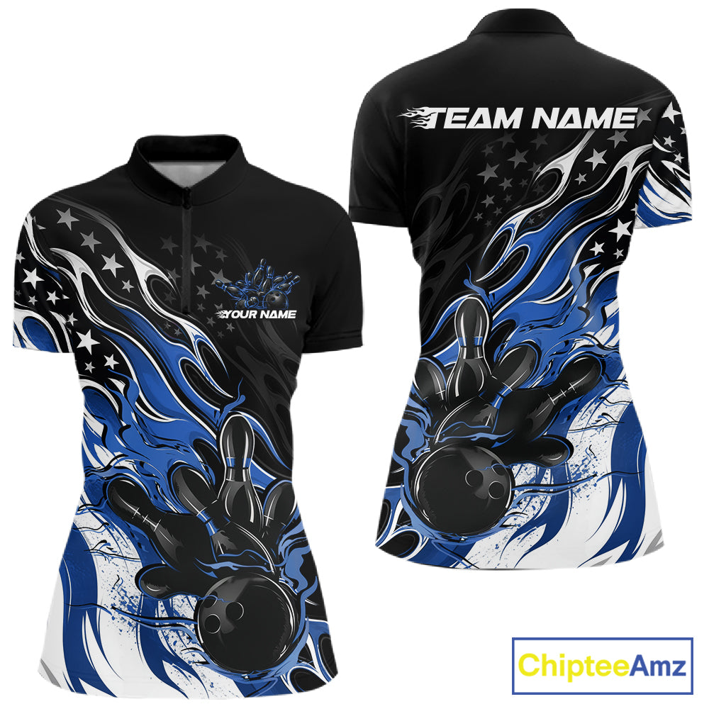 Custom Patriotic American Blue Flame Bowling Women Quarter-Zip Shirt, US Bowling Jersey IPHW12035