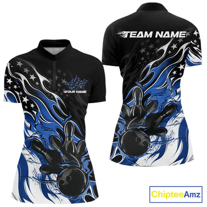 Custom Patriotic American Blue Flame Bowling Women Quarter-Zip Shirt, US Bowling Jersey IPHW12035