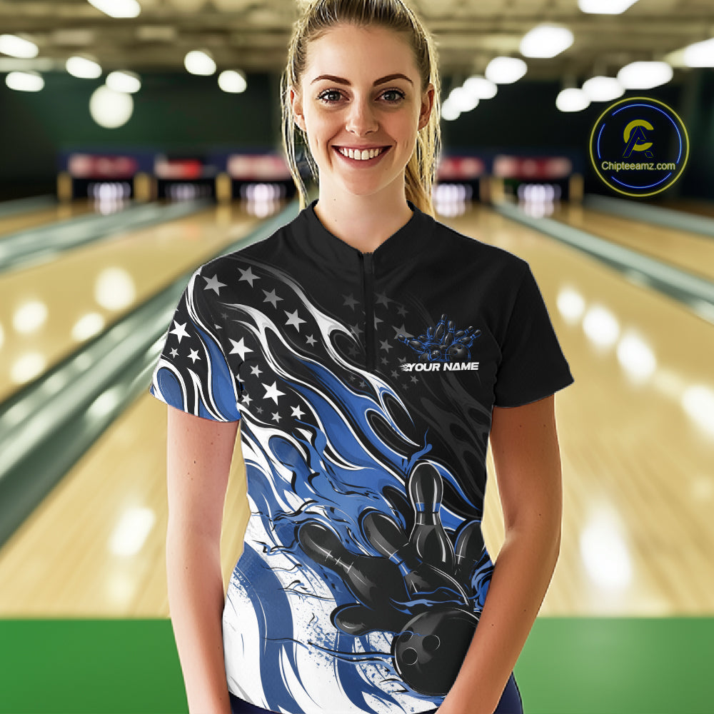 Custom Patriotic American Blue Flame Bowling Women Quarter-Zip Shirt, US Bowling Jersey IPHW12035