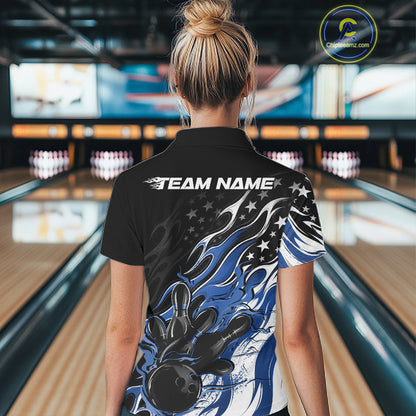 Custom Patriotic American Blue Flame Bowling Women Quarter-Zip Shirt, US Bowling Jersey IPHW12035