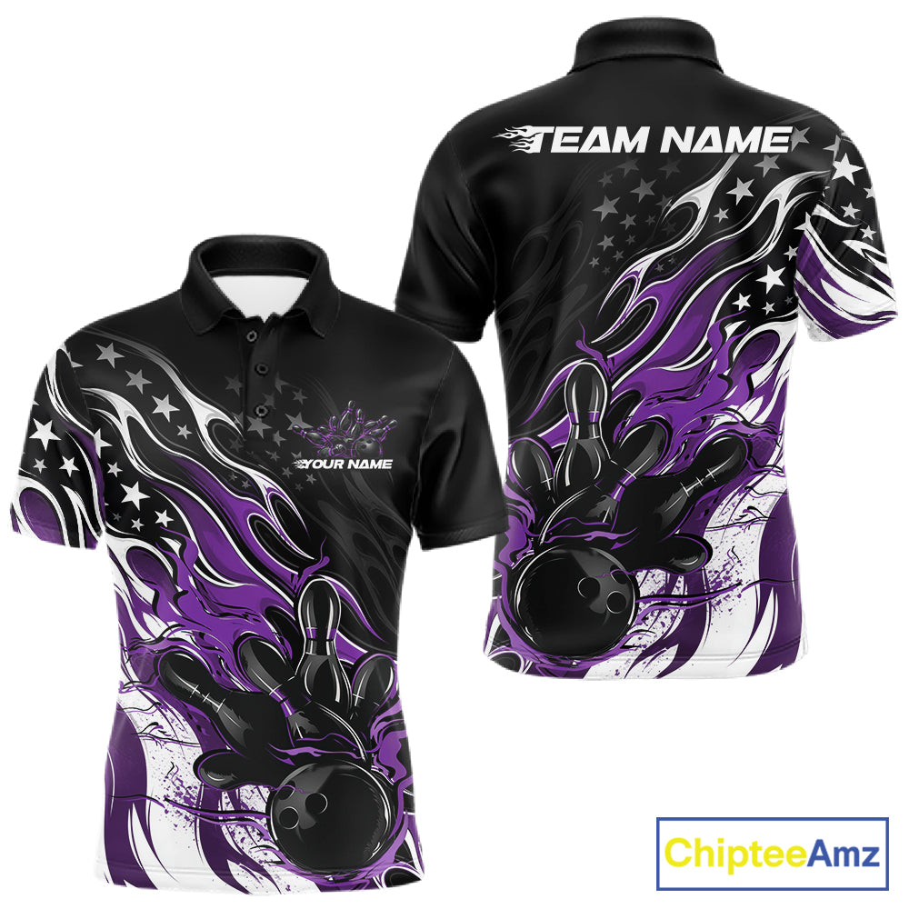 Custom Patriotic American Flag Purple Flame Bowling Men Polo Shirt, US Bowling Jersey IPHW12036