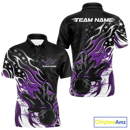 Custom Patriotic American Flag Purple Flame Bowling Men Polo Shirt, US Bowling Jersey IPHW12036