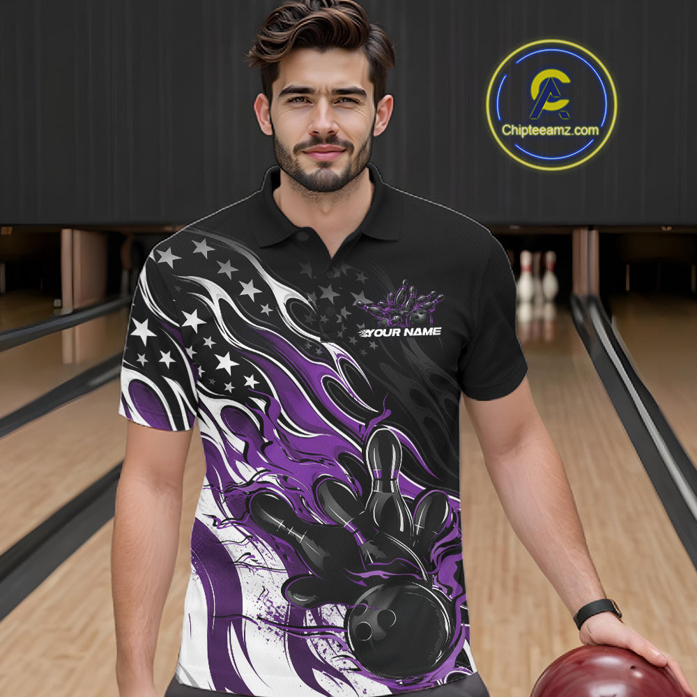 Custom Patriotic American Flag Purple Flame Bowling Men Polo Shirt, US Bowling Jersey IPHW12036