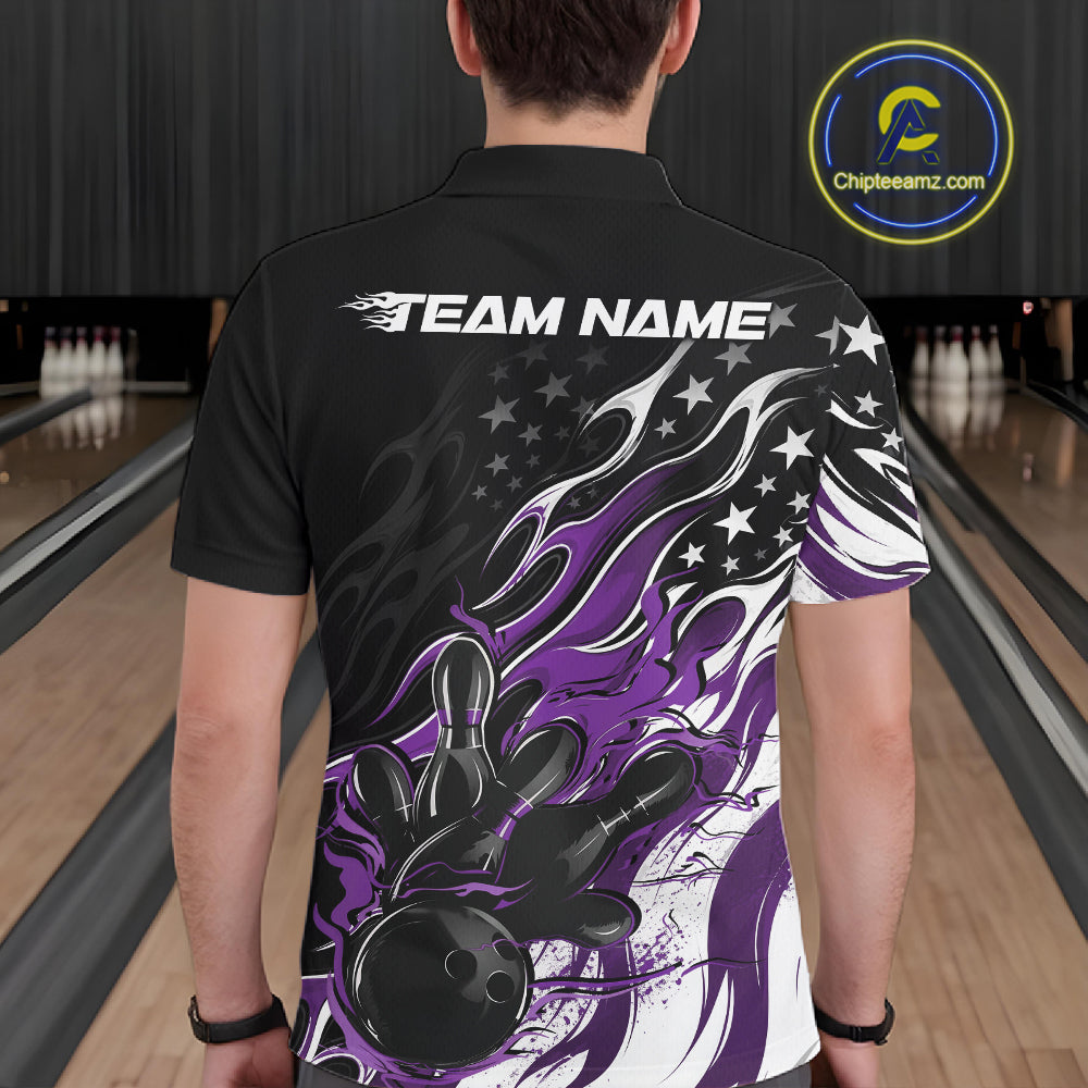 Custom Patriotic American Flag Purple Flame Bowling Men Polo Shirt, US Bowling Jersey IPHW12036