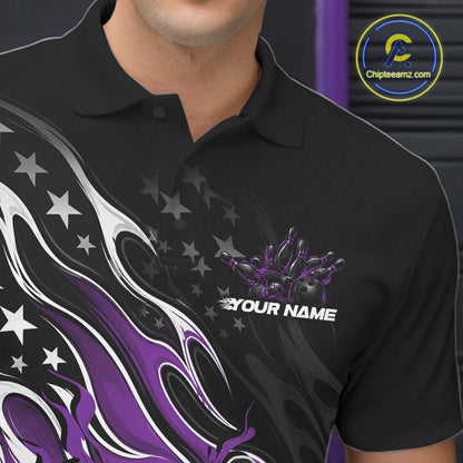Custom Patriotic American Flag Purple Flame Bowling Men Polo Shirt, US Bowling Jersey IPHW12036