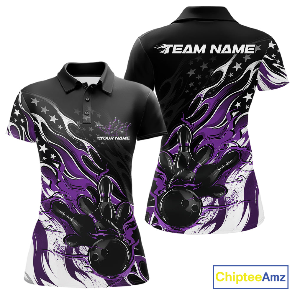 Custom Patriotic American Flag Purple Flame Bowling Women Polo Shirt, US Bowling Jersey IPHW12036