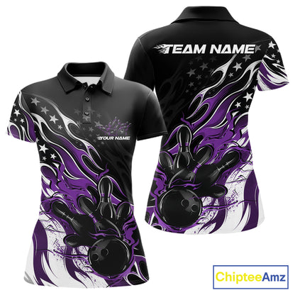 Custom Patriotic American Flag Purple Flame Bowling Women Polo Shirt, US Bowling Jersey IPHW12036