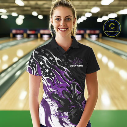Custom Patriotic American Flag Purple Flame Bowling Women Polo Shirt, US Bowling Jersey IPHW12036