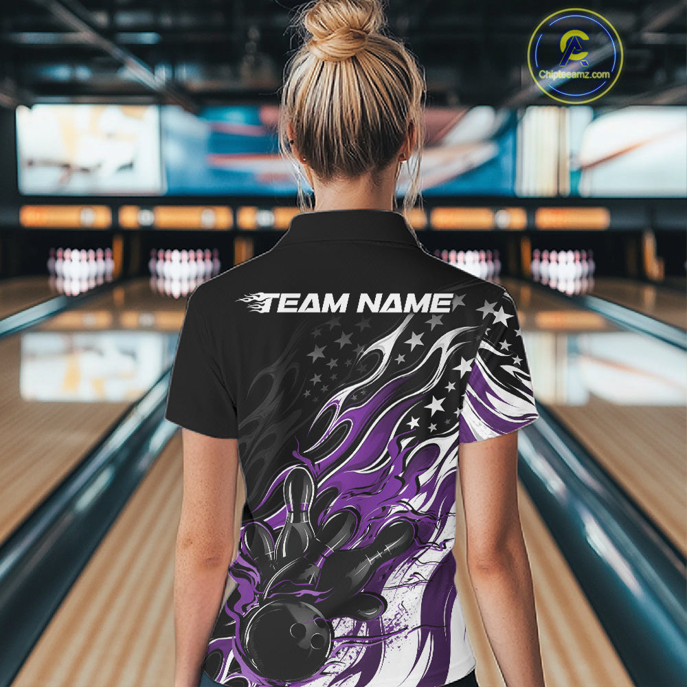 Custom Patriotic American Flag Purple Flame Bowling Women Polo Shirt, US Bowling Jersey IPHW12036