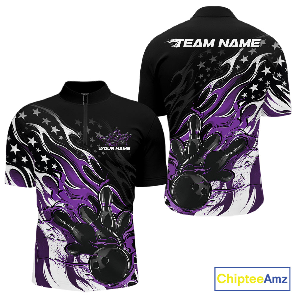 Custom Patriotic American Flag Purple Flame Bowling Men Quarter Zip Shirt, US Bowling Jersey IPHW12036