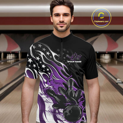 Custom Patriotic American Flag Purple Flame Bowling Men Quarter Zip Shirt, US Bowling Jersey IPHW12036