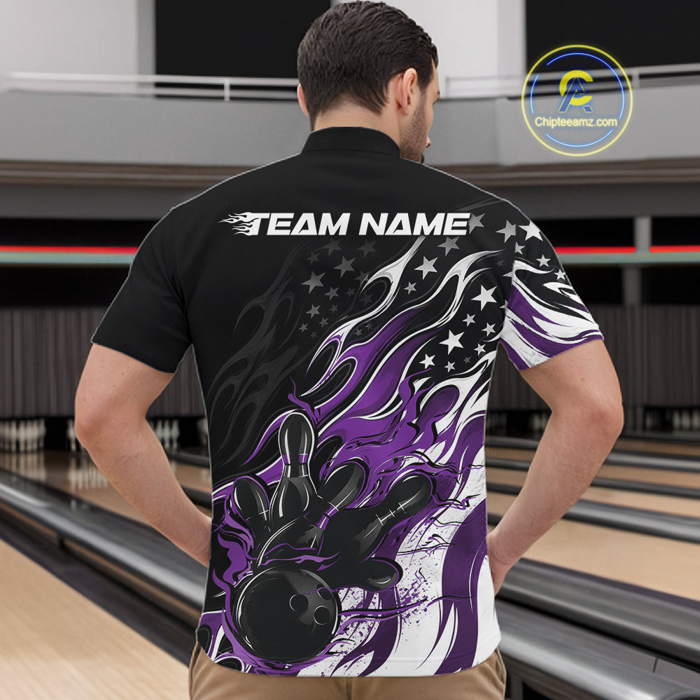 Custom Patriotic American Flag Purple Flame Bowling Men Quarter Zip Shirt, US Bowling Jersey IPHW12036