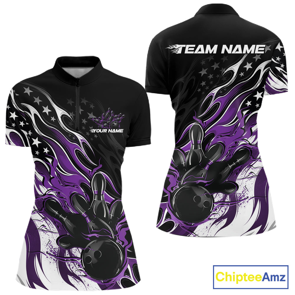 Custom Patriotic American Purple Flame Bowling Women Quarter-Zip Shirt, Bowling Jersey IPHW12036