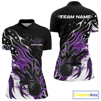 Custom Patriotic American Purple Flame Bowling Women Quarter-Zip Shirt, Bowling Jersey IPHW12036