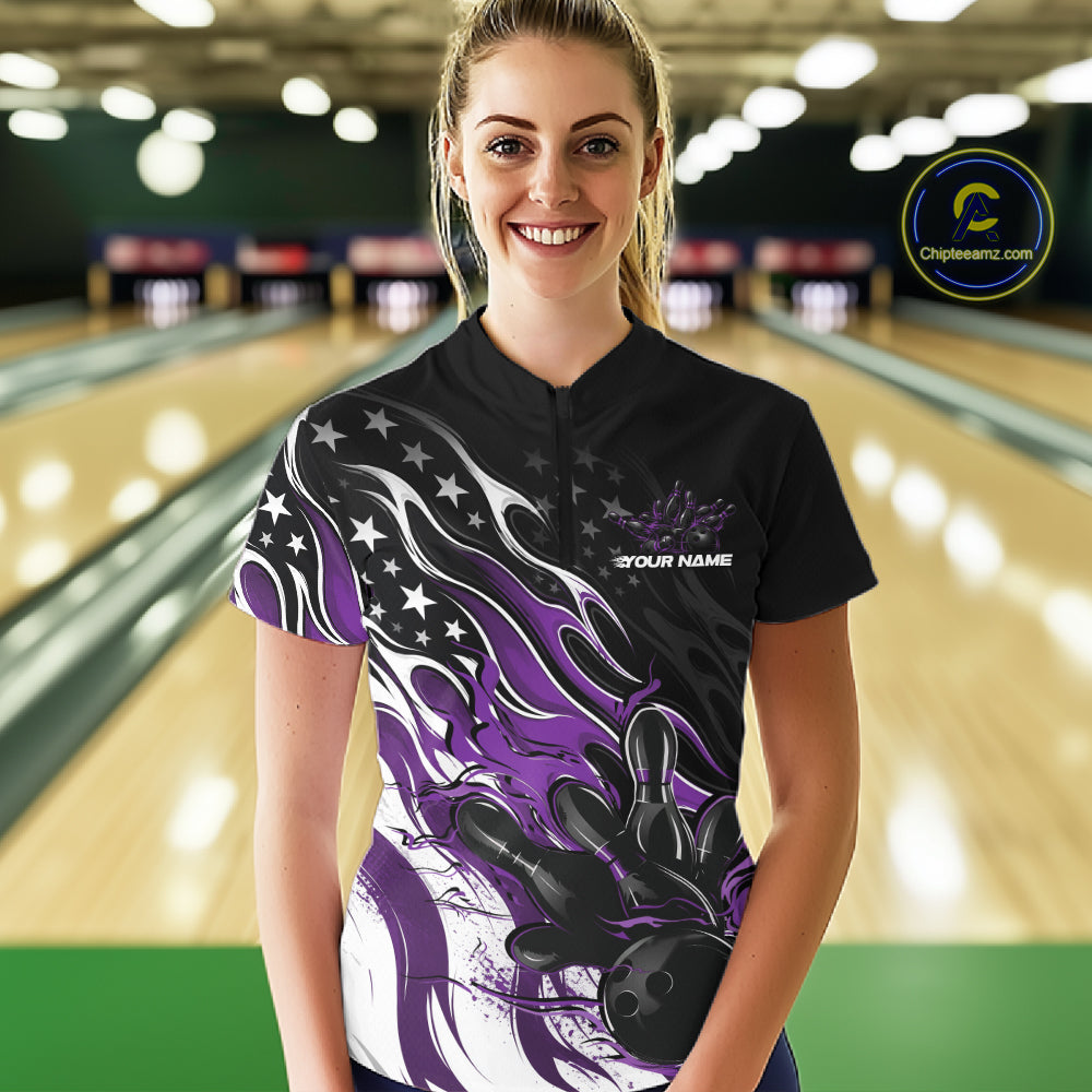 Custom Patriotic American Purple Flame Bowling Women Quarter-Zip Shirt, Bowling Jersey IPHW12036