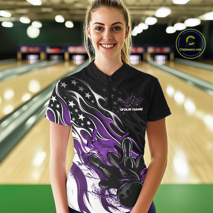 Custom Patriotic American Purple Flame Bowling Women Quarter-Zip Shirt, Bowling Jersey IPHW12036