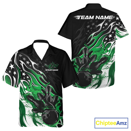 Custom Patriotic American Flag Green Flame Bowling Men And Women Button Up Shirt, US Bowling Jersey IPHW12037