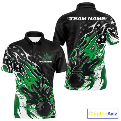 Custom Patriotic American Flag Green Flame Bowling Men Polo Shirt, US Bowling Jersey IPHW12037