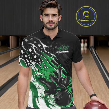 Custom Patriotic American Flag Green Flame Bowling Men Polo Shirt, US Bowling Jersey IPHW12037