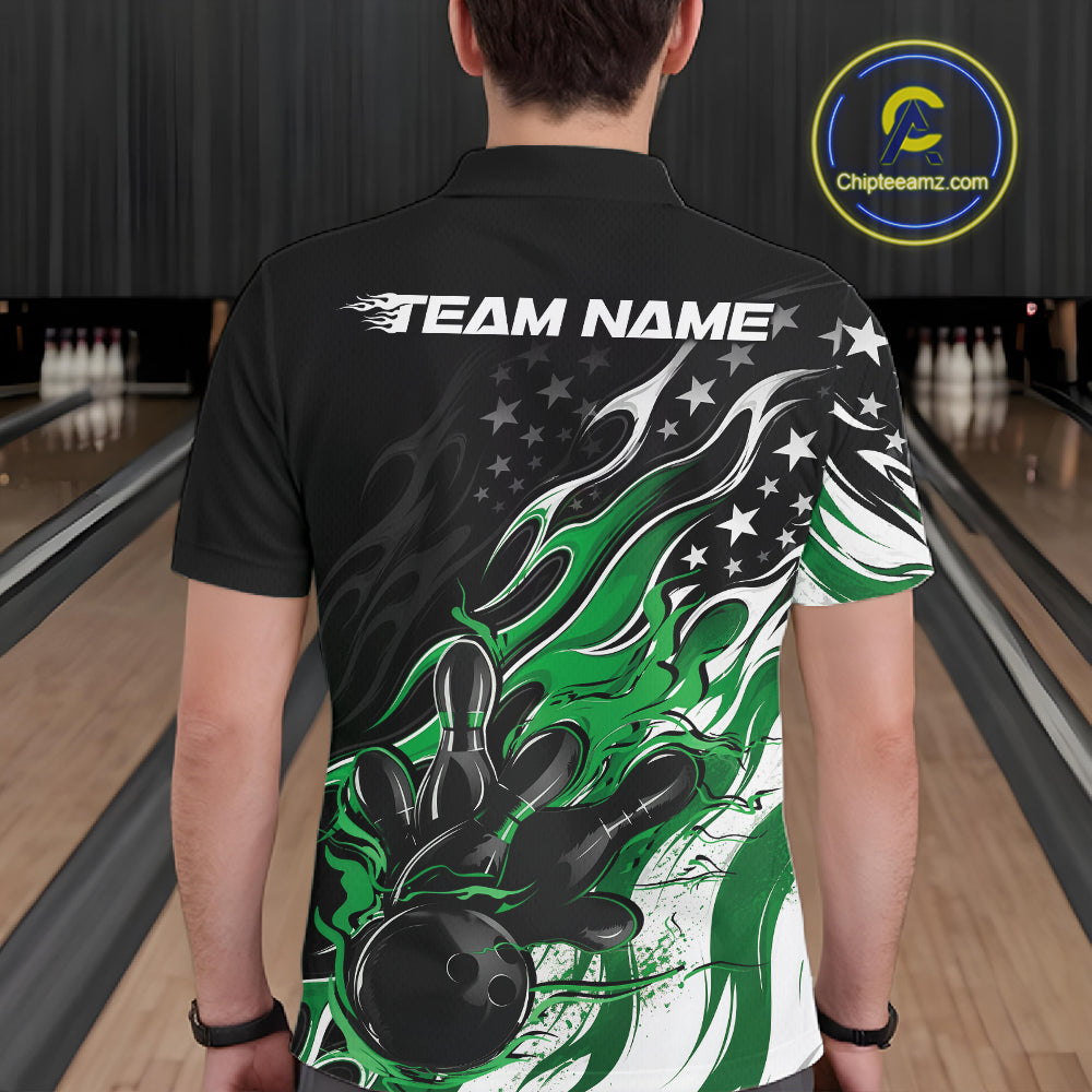 Custom Patriotic American Flag Green Flame Bowling Men Polo Shirt, US Bowling Jersey IPHW12037
