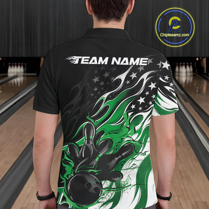 Custom Patriotic American Flag Green Flame Bowling Men Polo Shirt, US Bowling Jersey IPHW12037