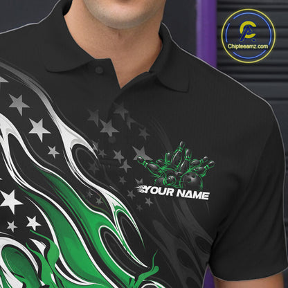 Custom Patriotic American Flag Green Flame Bowling Men Polo Shirt, US Bowling Jersey IPHW12037
