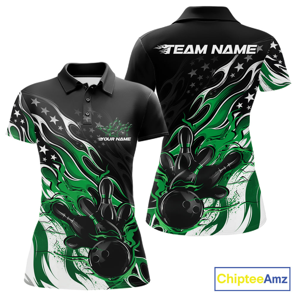 Custom Patriotic American Flag Green Flame Bowling Women Polo Shirt, US Bowling Jersey IPHW12037