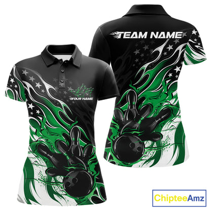 Custom Patriotic American Flag Green Flame Bowling Women Polo Shirt, US Bowling Jersey IPHW12037