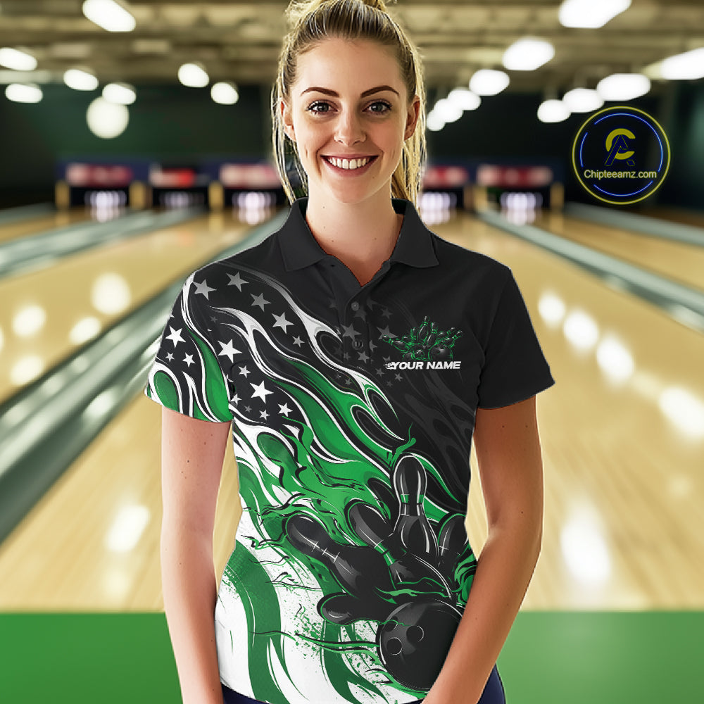 Custom Patriotic American Flag Green Flame Bowling Women Polo Shirt, US Bowling Jersey IPHW12037