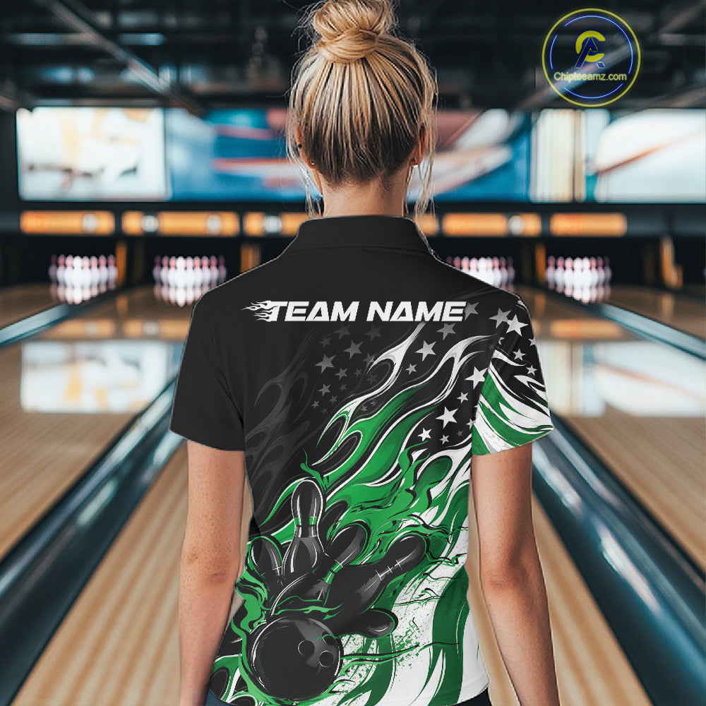 Custom Patriotic American Flag Green Flame Bowling Women Polo Shirt, US Bowling Jersey IPHW12037