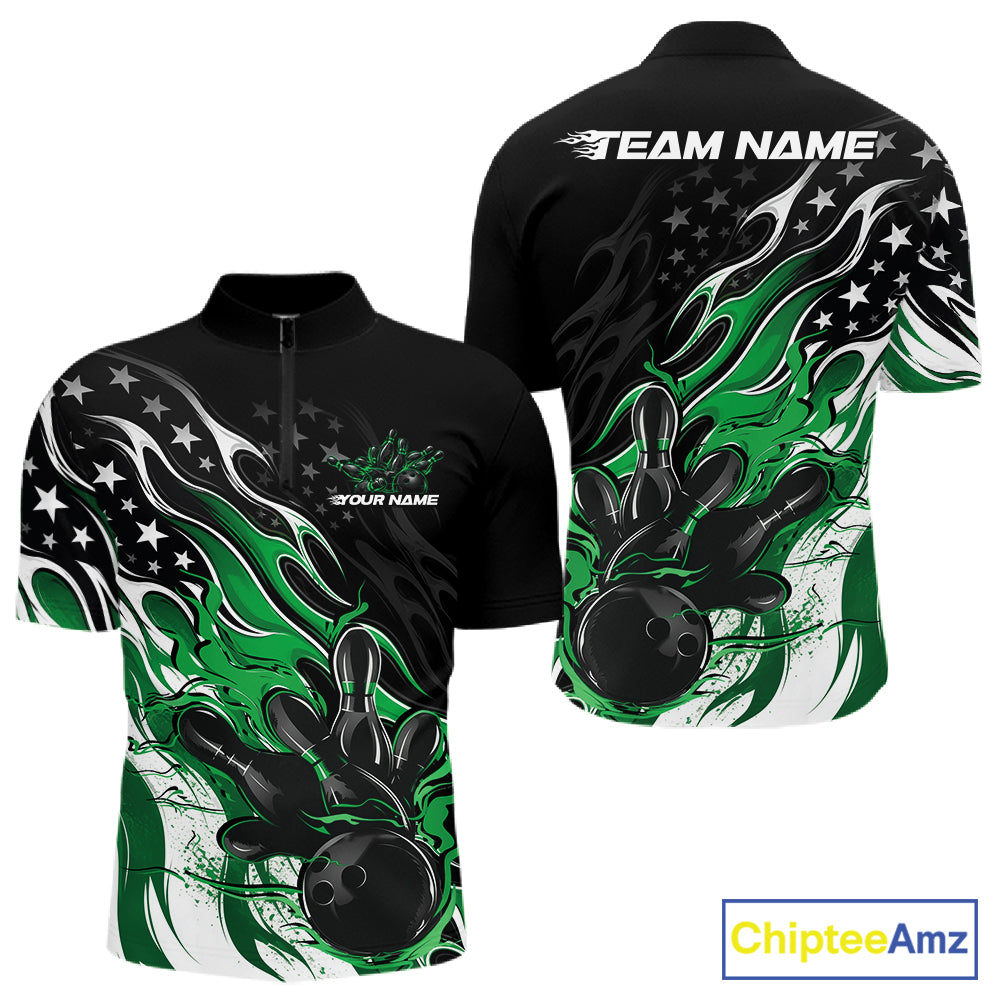 Custom Patriotic American Flag Green Flame Bowling Men Quarter Zip Shirt, US Bowling Jersey IPHW12037