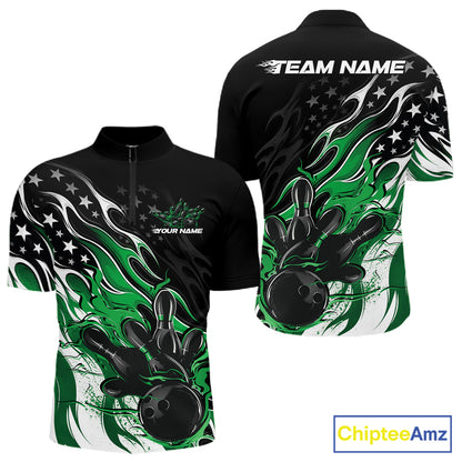 Custom Patriotic American Flag Green Flame Bowling Men Quarter Zip Shirt, US Bowling Jersey IPHW12037