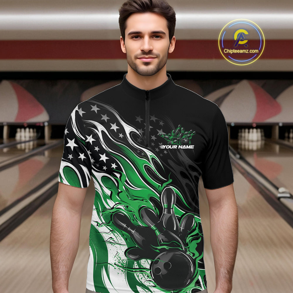 Custom Patriotic American Flag Green Flame Bowling Men Quarter Zip Shirt, US Bowling Jersey IPHW12037