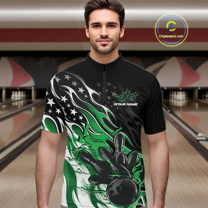 Custom Patriotic American Flag Green Flame Bowling Men Quarter Zip Shirt, US Bowling Jersey IPHW12037