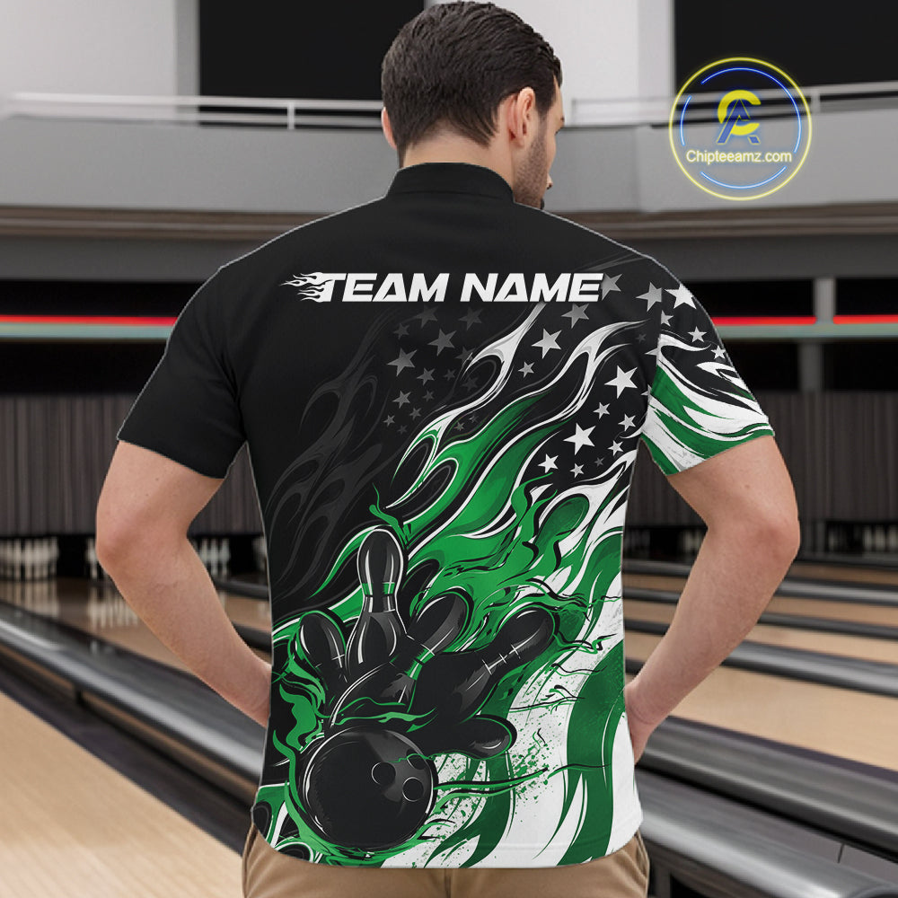 Custom Patriotic American Flag Green Flame Bowling Men Quarter Zip Shirt, US Bowling Jersey IPHW12037