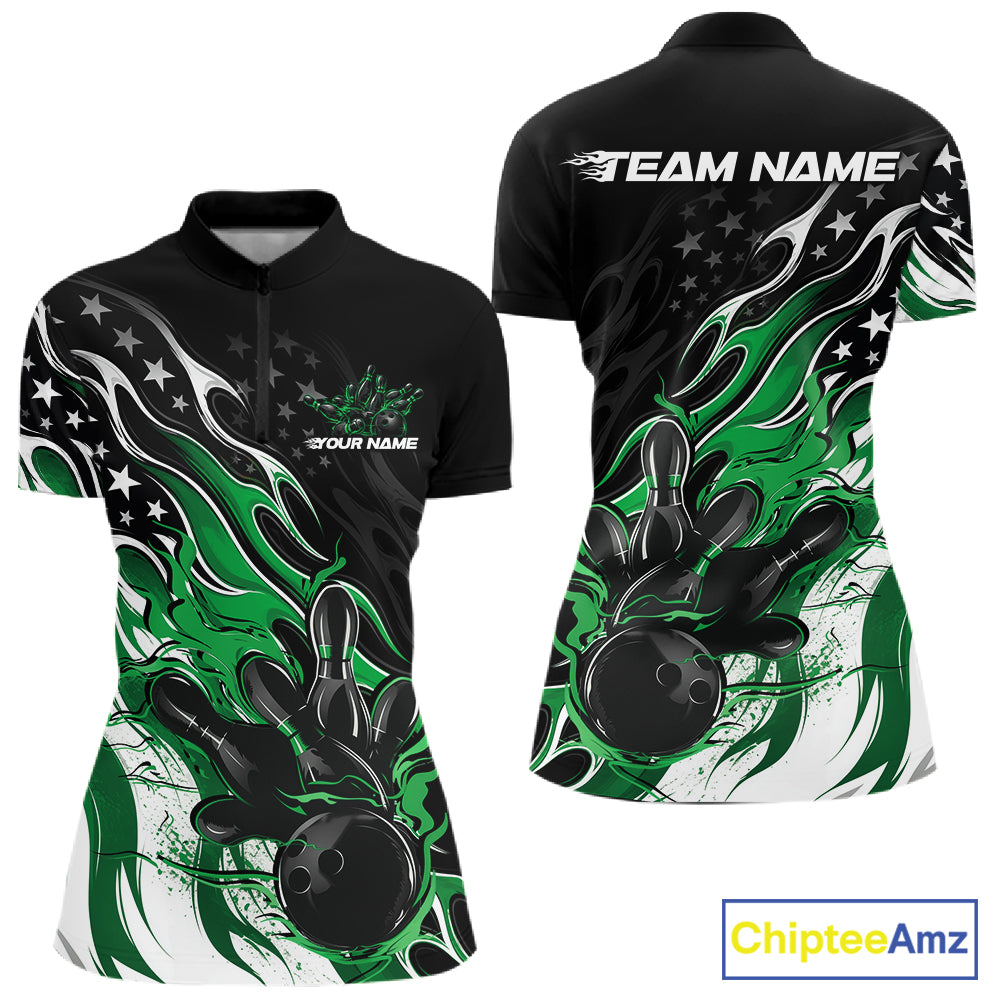 Custom Patriotic American Green Flame Bowling Women Quarter-Zip Shirt, US Bowling Jersey IPHW12037