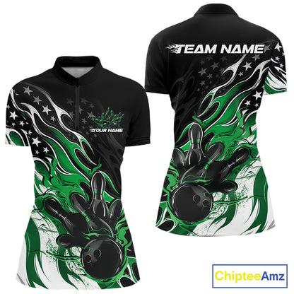 Custom Patriotic American Green Flame Bowling Women Quarter-Zip Shirt, US Bowling Jersey IPHW12037