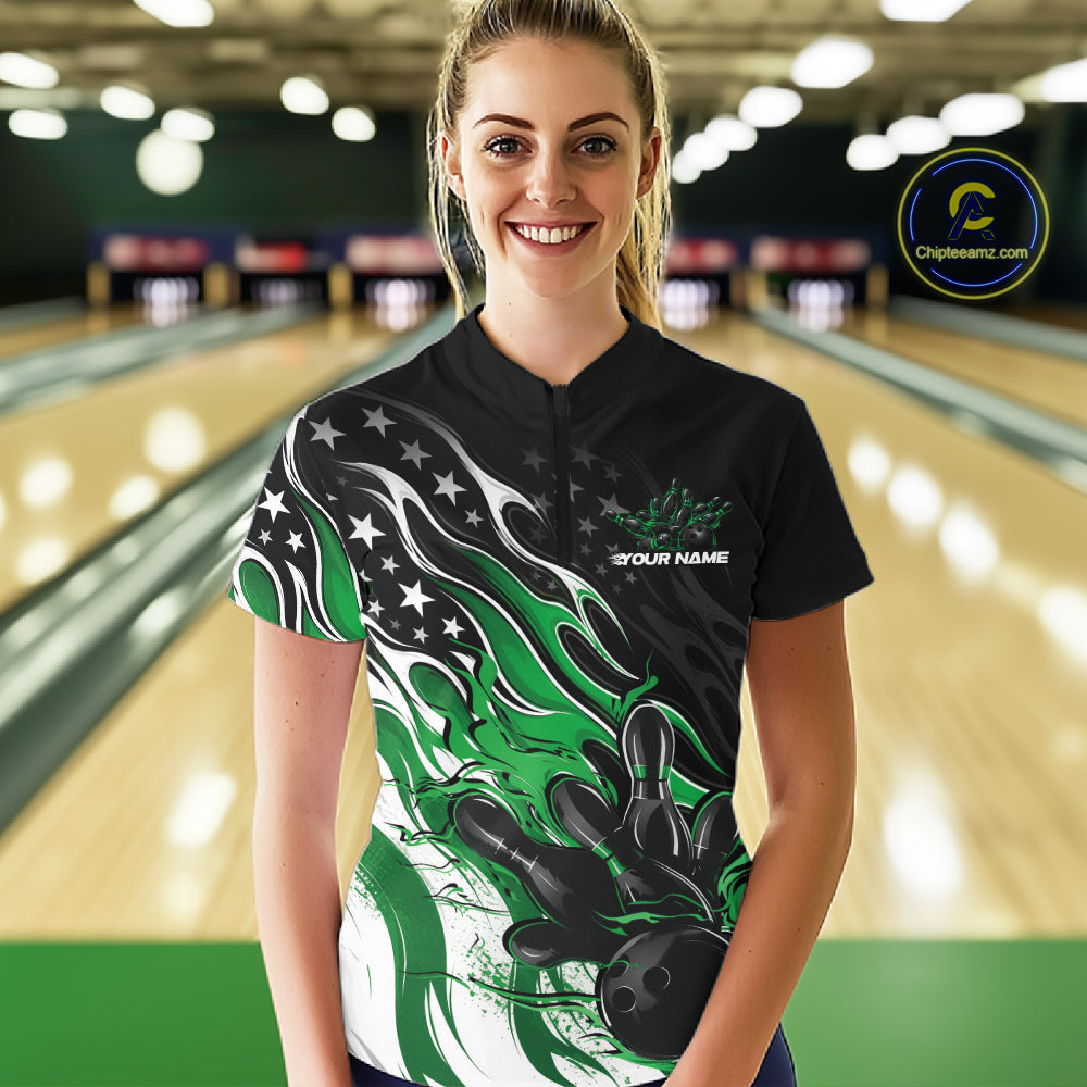 Custom Patriotic American Green Flame Bowling Women Quarter-Zip Shirt, US Bowling Jersey IPHW12037