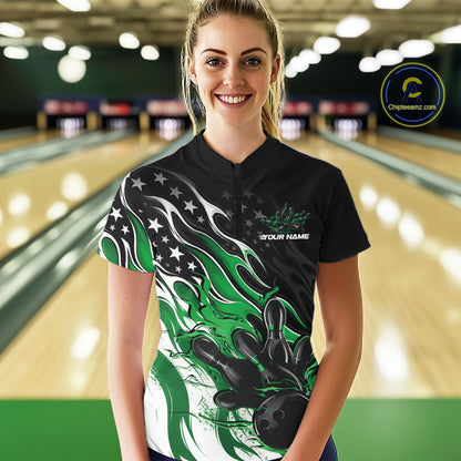 Custom Patriotic American Green Flame Bowling Women Quarter-Zip Shirt, US Bowling Jersey IPHW12037